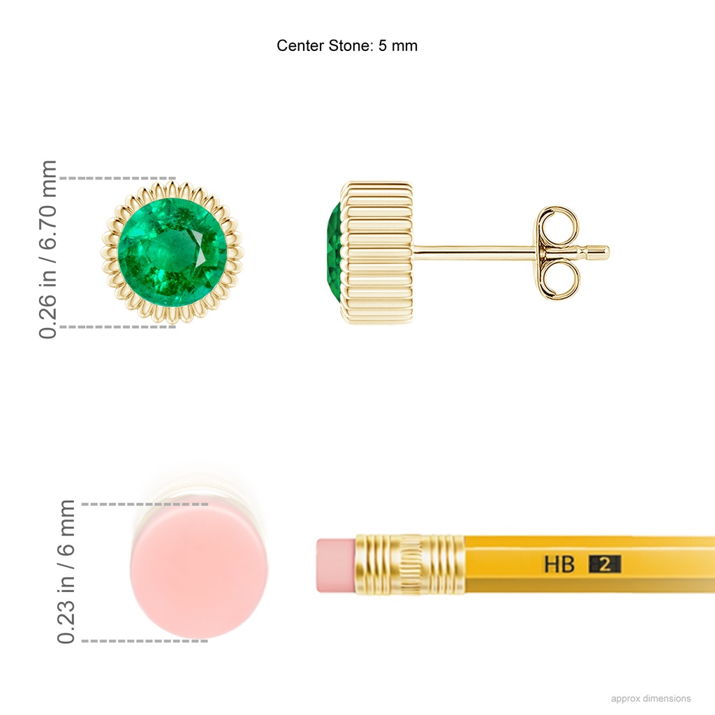 5mm AAA Bezel-Set Solitaire Round Emerald Beaded Halo Studs in Yellow Gold Ruler