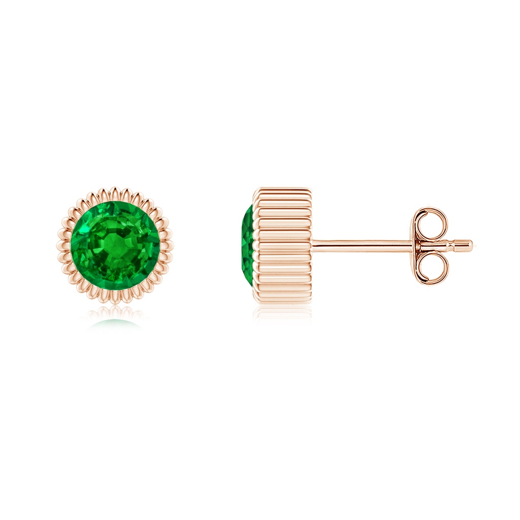 5mm AAAA Bezel-Set Solitaire Round Emerald Beaded Halo Studs in Rose Gold