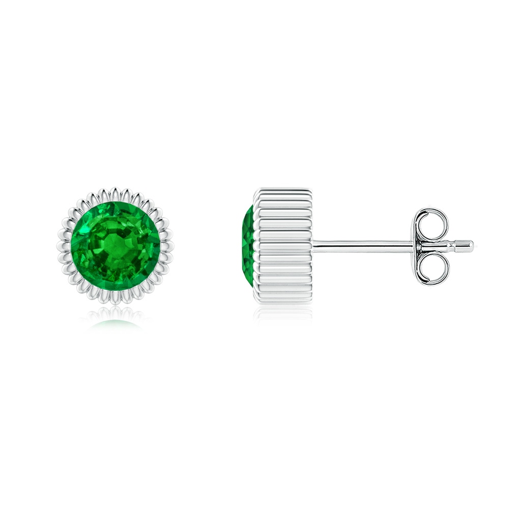 5mm AAAA Bezel-Set Solitaire Round Emerald Beaded Halo Studs in White Gold