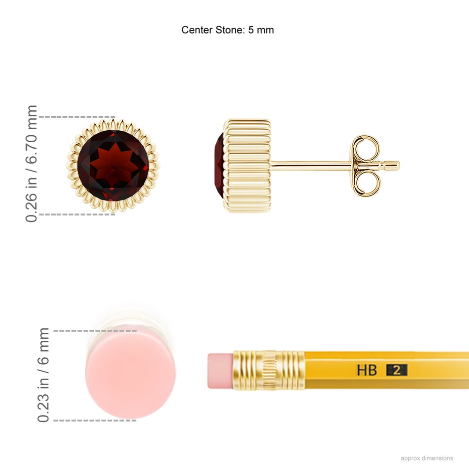 5mm AA Bezel-Set Solitaire Round Garnet Beaded Halo Studs in Yellow Gold ruler