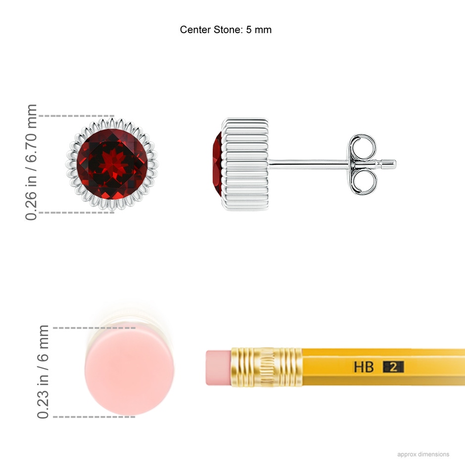 5mm AAAA Bezel-Set Solitaire Round Garnet Beaded Halo Studs in White Gold ruler