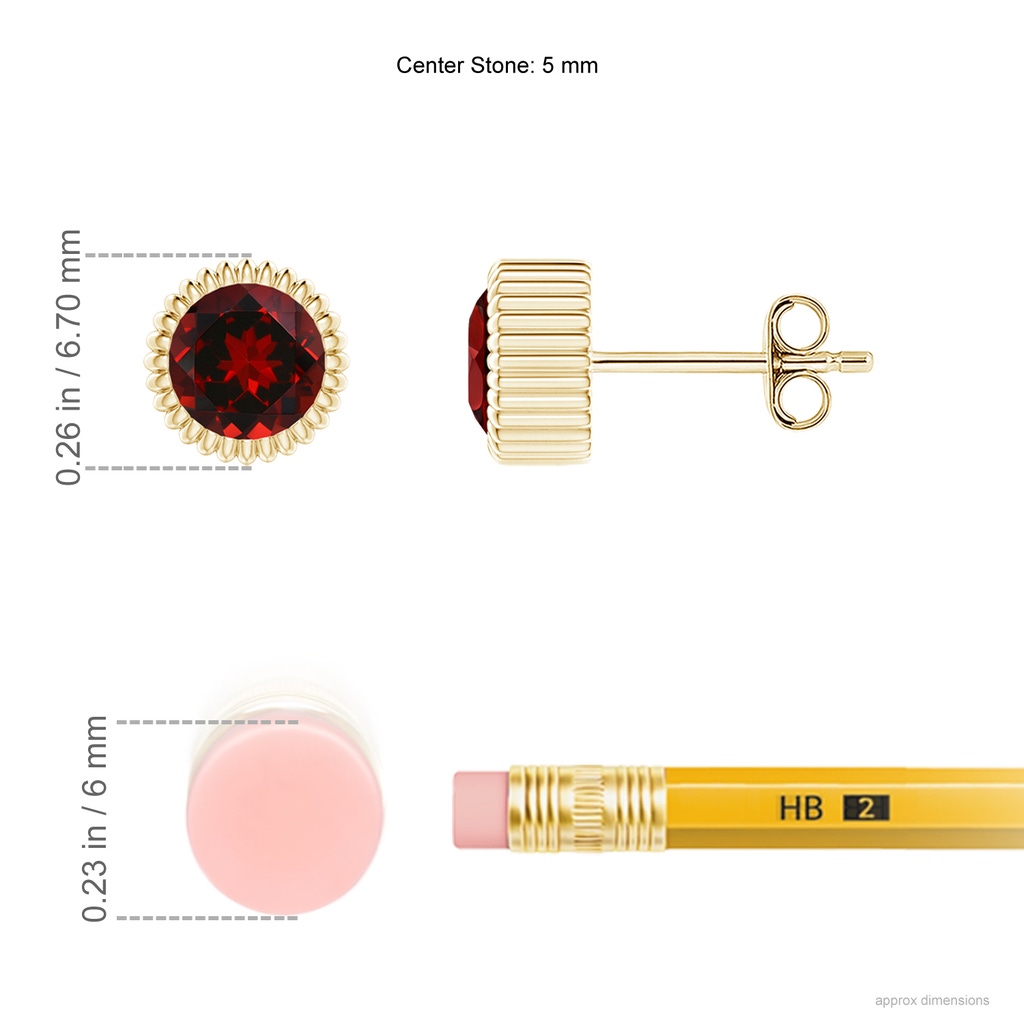 5mm AAAA Bezel-Set Solitaire Round Garnet Beaded Halo Studs in Yellow Gold Ruler