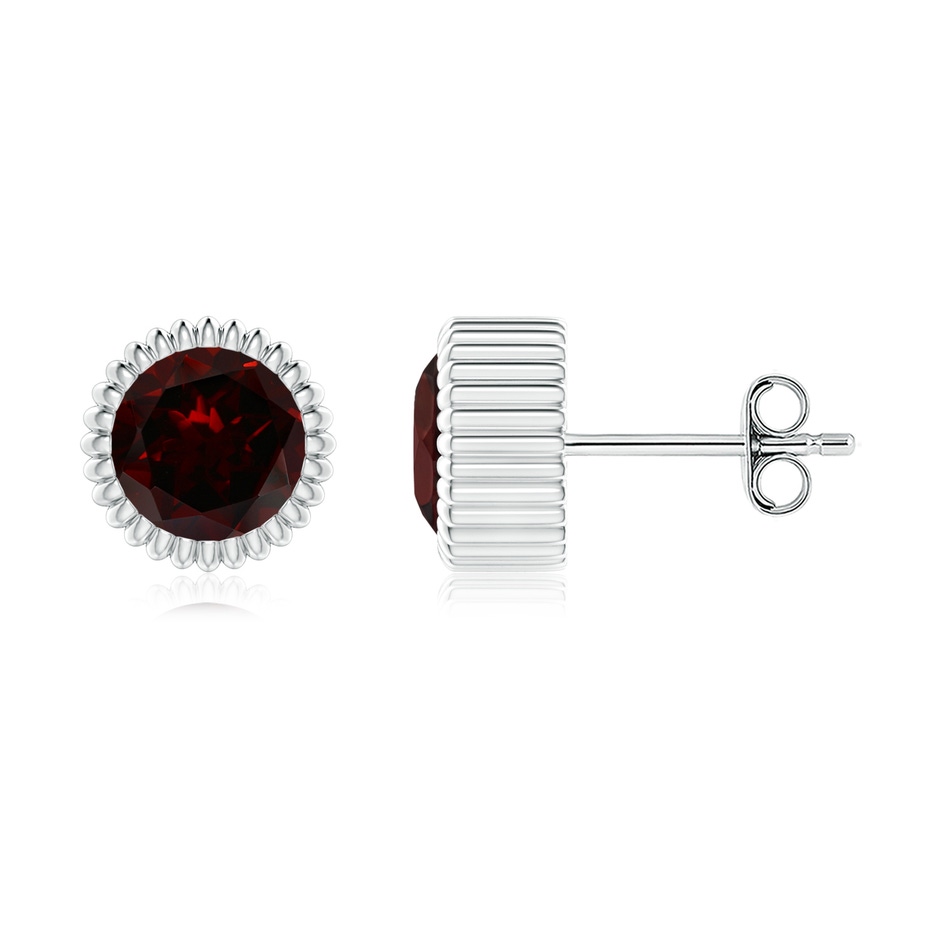6mm A Bezel-Set Solitaire Round Garnet Beaded Halo Studs in White Gold 