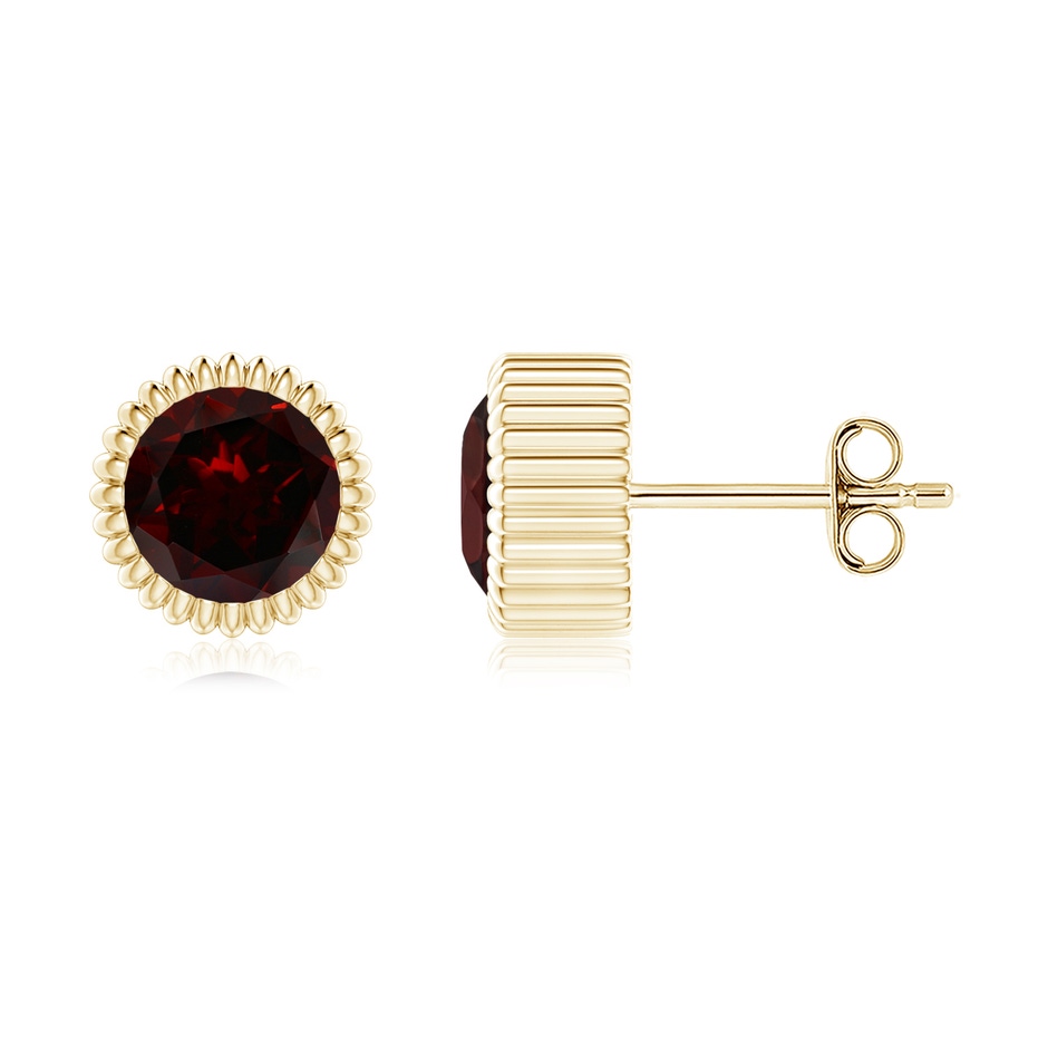 6mm A Bezel-Set Solitaire Round Garnet Beaded Halo Studs in Yellow Gold 