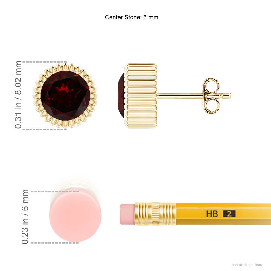 6mm A Bezel-Set Solitaire Round Garnet Beaded Halo Studs in Yellow Gold ruler