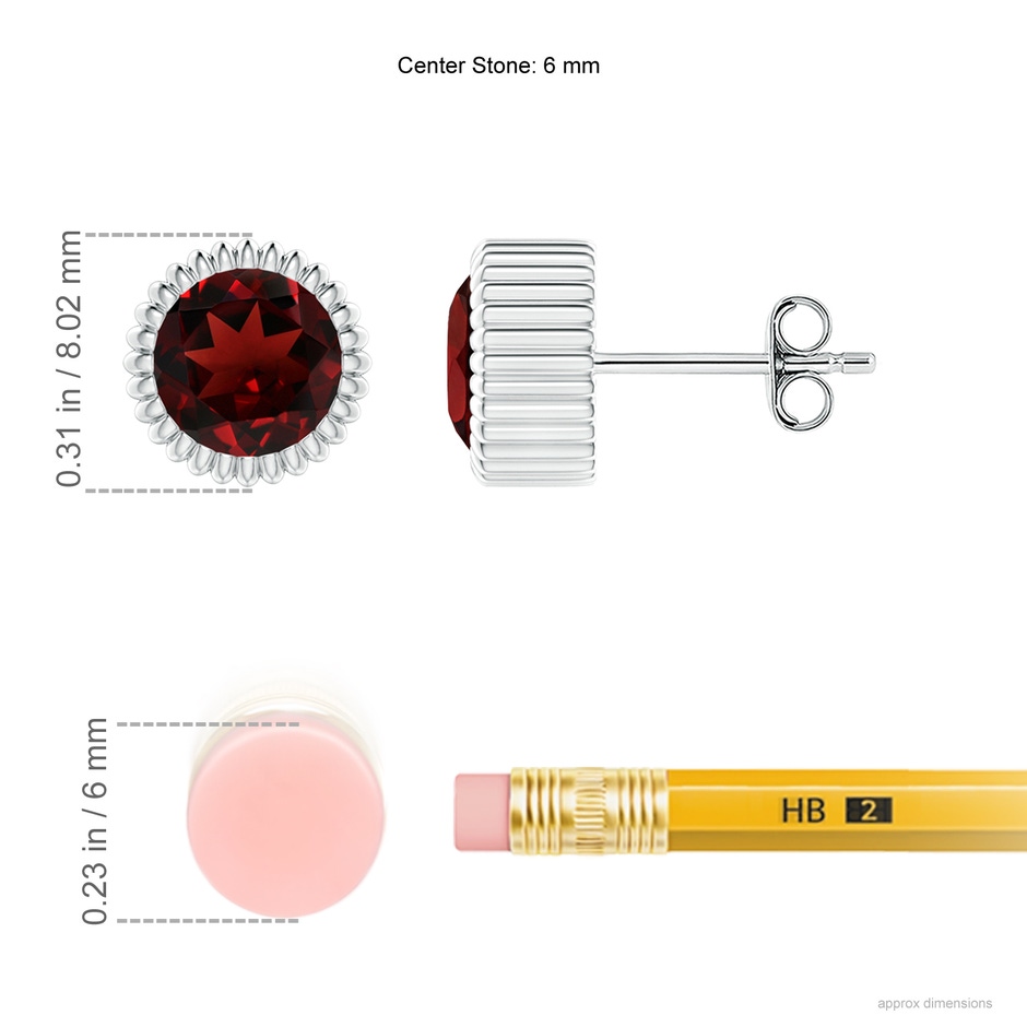 6mm AAA Bezel-Set Solitaire Round Garnet Beaded Halo Studs in White Gold ruler