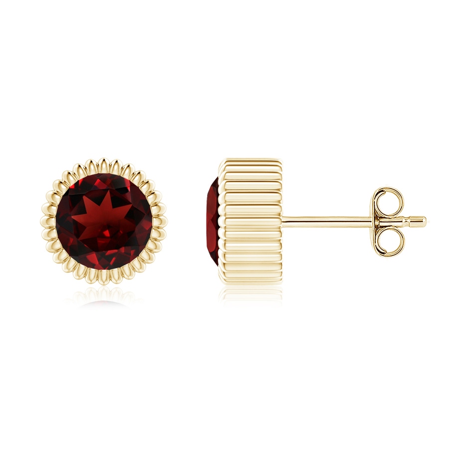 6mm AAA Bezel-Set Solitaire Round Garnet Beaded Halo Studs in Yellow Gold 