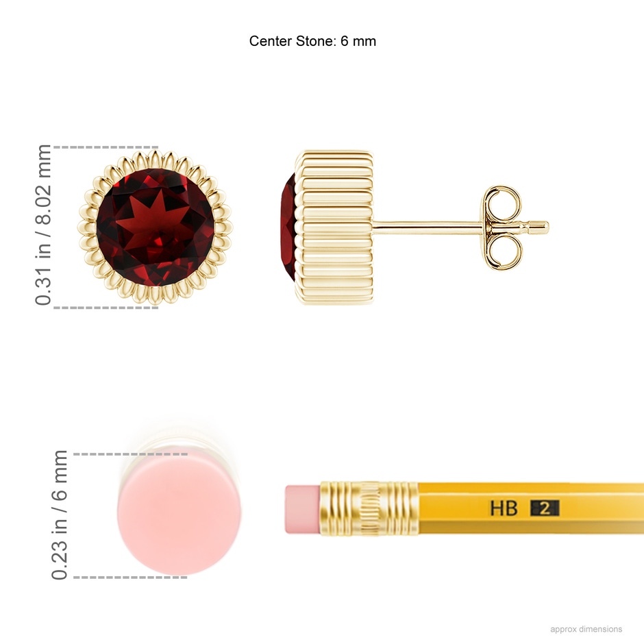 6mm AAA Bezel-Set Solitaire Round Garnet Beaded Halo Studs in Yellow Gold ruler
