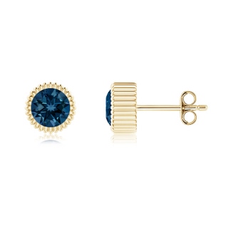 5mm AAAA Bezel-Set Solitaire London Blue Topaz Beaded Halo Studs in Yellow Gold