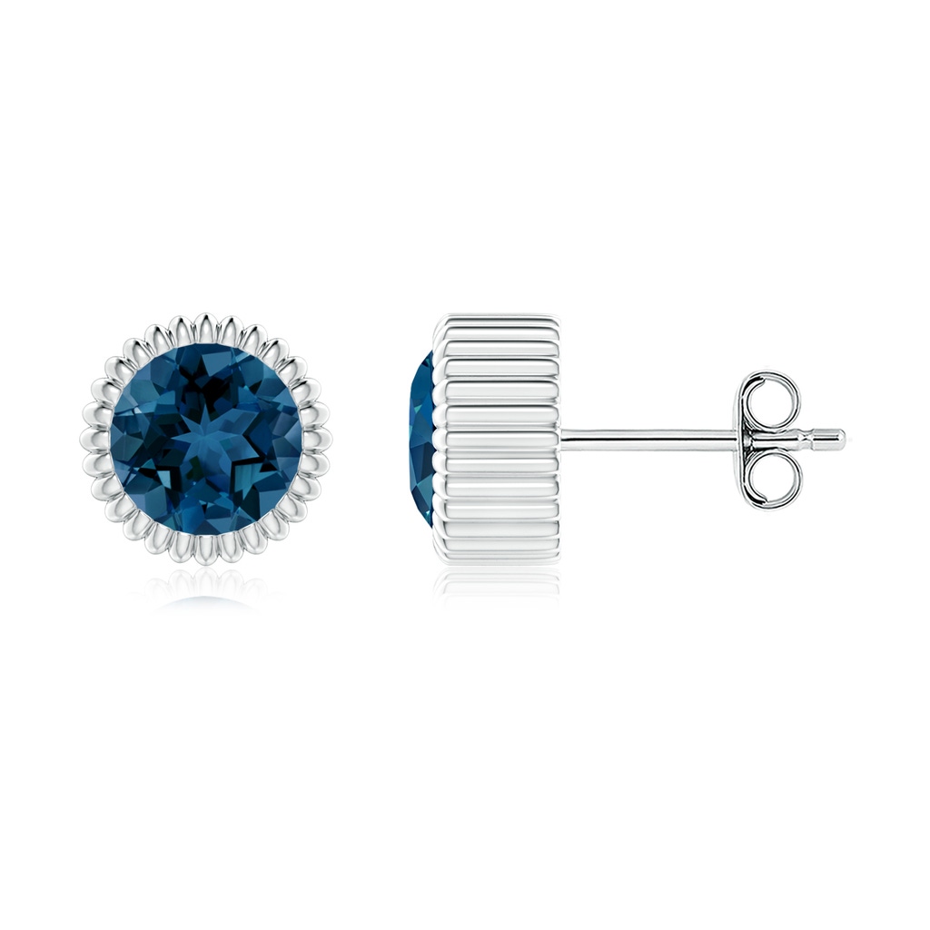 6mm AAA Bezel-Set Solitaire London Blue Topaz Beaded Halo Studs in White Gold