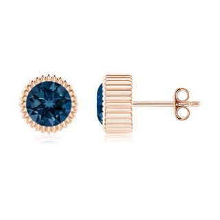 6mm AAAA Bezel-Set Solitaire London Blue Topaz Beaded Halo Studs in Rose Gold