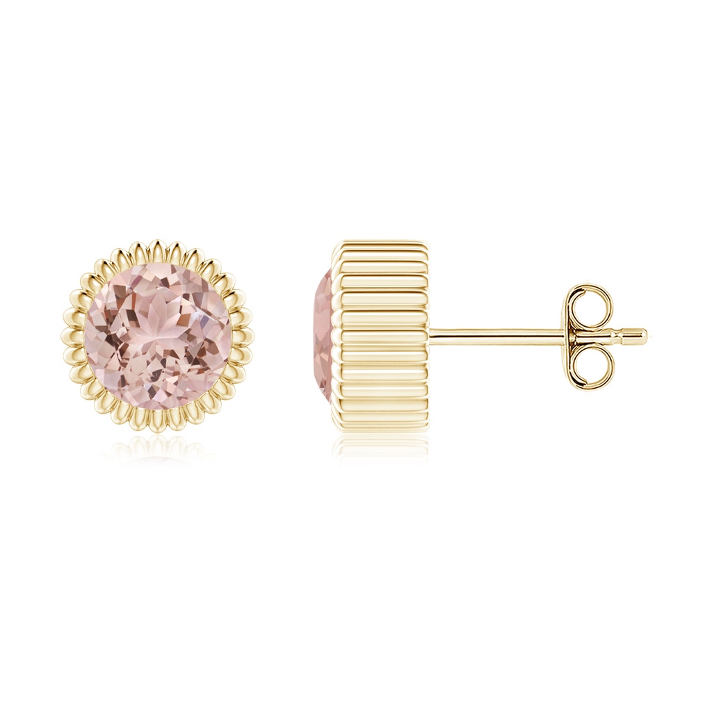 6mm AAA Bezel-Set Solitaire Round Morganite Beaded Halo Studs in Yellow Gold