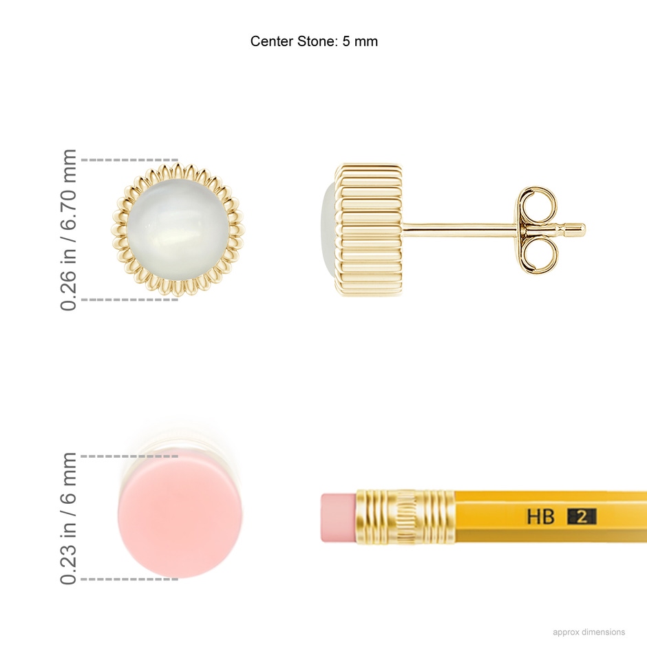 5mm AAAA Bezel-Set Solitaire Round Moonstone Beaded Halo Studs in Yellow Gold ruler