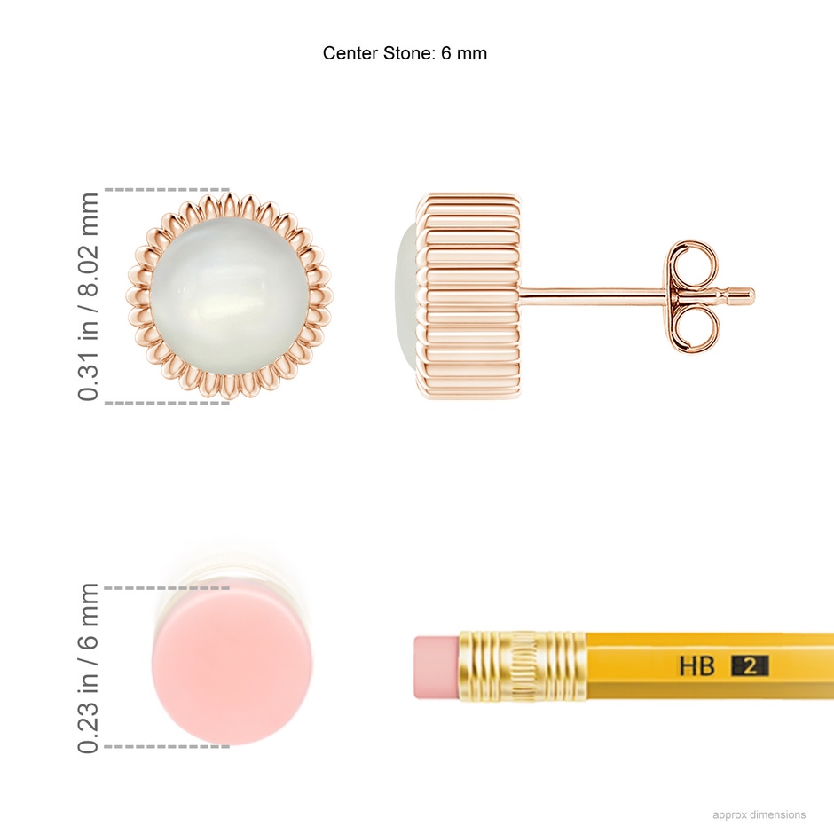6mm AAAA Bezel-Set Solitaire Round Moonstone Beaded Halo Studs in Rose Gold ruler