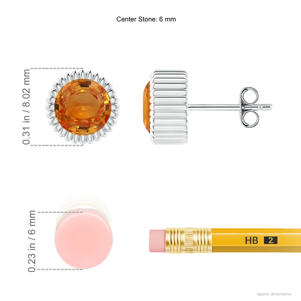 6mm AAA Bezel-Set Solitaire Round Orange Sapphire Beaded Halo Studs in White Gold Ruler