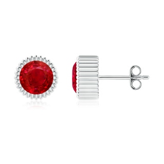 6mm AAA Bezel-Set Solitaire Round Ruby Beaded Halo Studs in White Gold