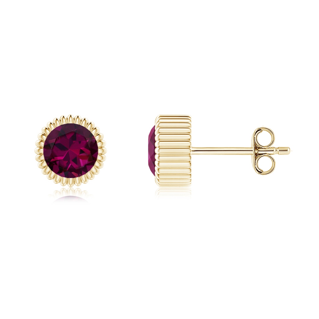 5mm AAAA Bezel-Set Solitaire Round Rhodolite Beaded Halo Studs in Yellow Gold