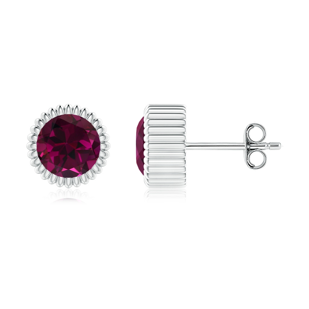 6mm AAA Bezel-Set Solitaire Round Rhodolite Beaded Halo Studs in White Gold