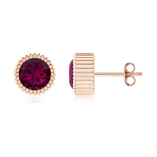 6mm AAAA Bezel-Set Solitaire Round Rhodolite Beaded Halo Studs in Rose Gold