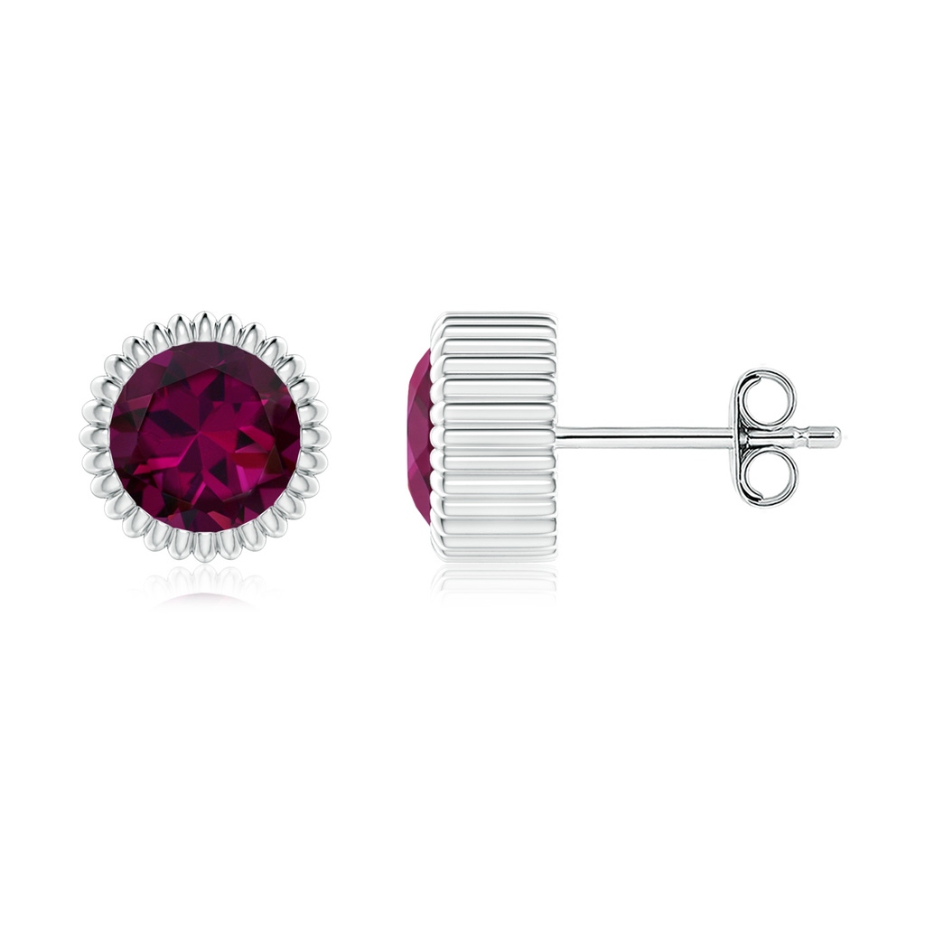 6mm AAAA Bezel-Set Solitaire Round Rhodolite Beaded Halo Studs in White Gold