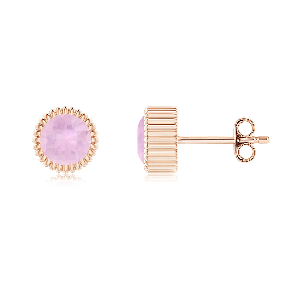 5mm AAAA Bezel-Set Solitaire Round Rose Quartz Beaded Halo Studs in Rose Gold