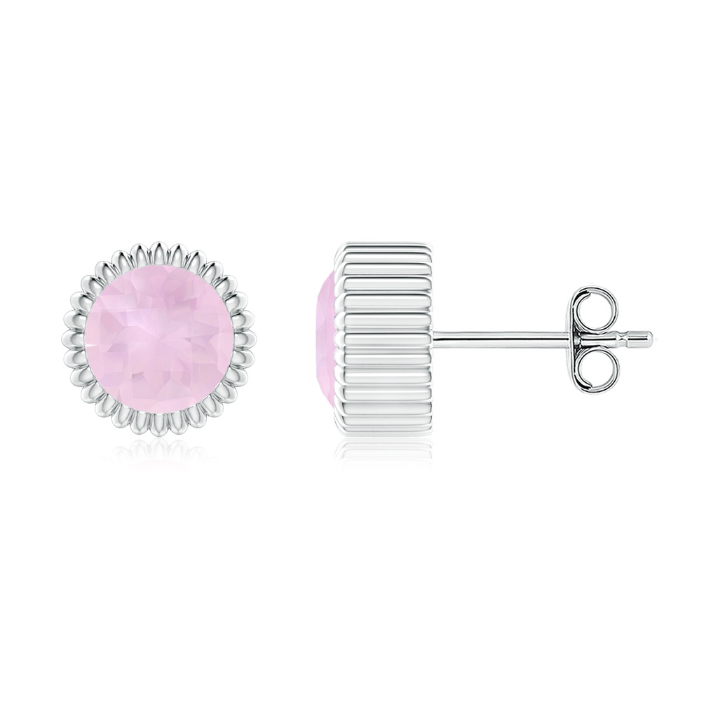 6mm AAA Bezel-Set Solitaire Round Rose Quartz Beaded Halo Studs in White Gold
