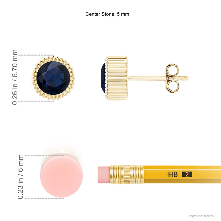 5mm A Bezel-Set Solitaire Round Sapphire Beaded Halo Studs in Yellow Gold ruler