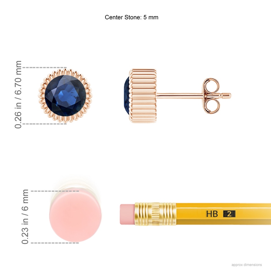 5mm AA Bezel-Set Solitaire Round Sapphire Beaded Halo Studs in Rose Gold ruler