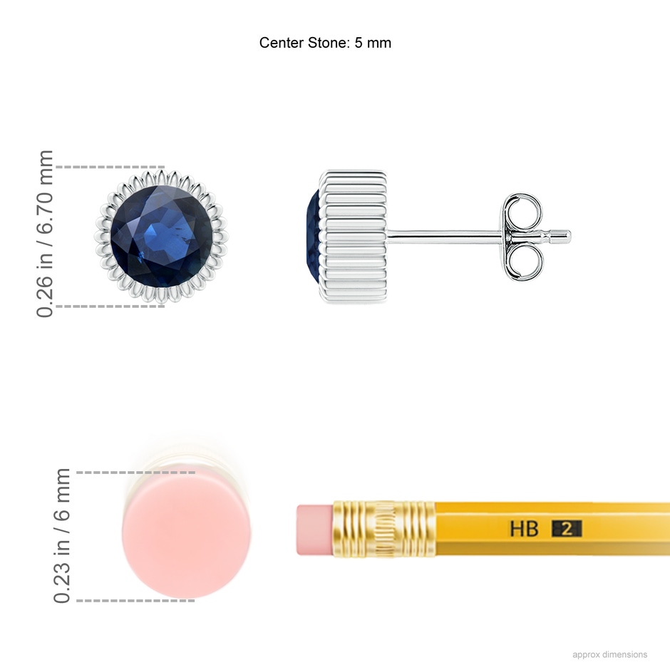 5mm AA Bezel-Set Solitaire Round Sapphire Beaded Halo Studs in White Gold ruler