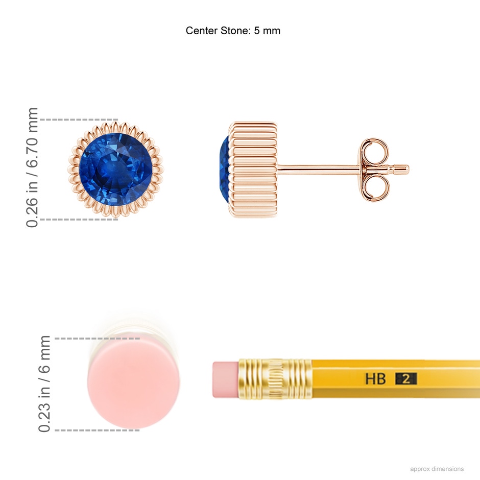 5mm AAA Bezel-Set Solitaire Round Sapphire Beaded Halo Studs in Rose Gold ruler