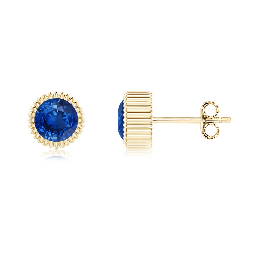 5mm AAA Bezel-Set Solitaire Round Sapphire Beaded Halo Studs in Yellow Gold