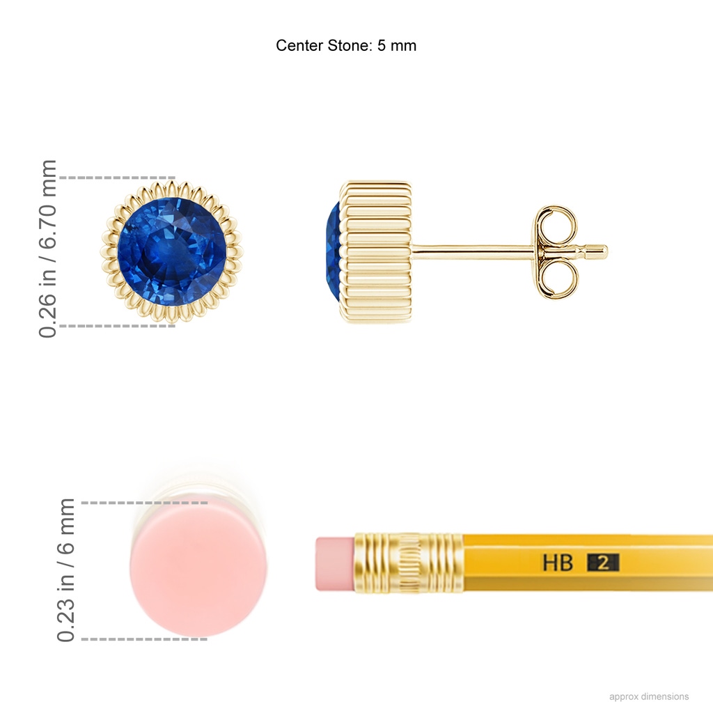 5mm AAA Bezel-Set Solitaire Round Sapphire Beaded Halo Studs in Yellow Gold Ruler