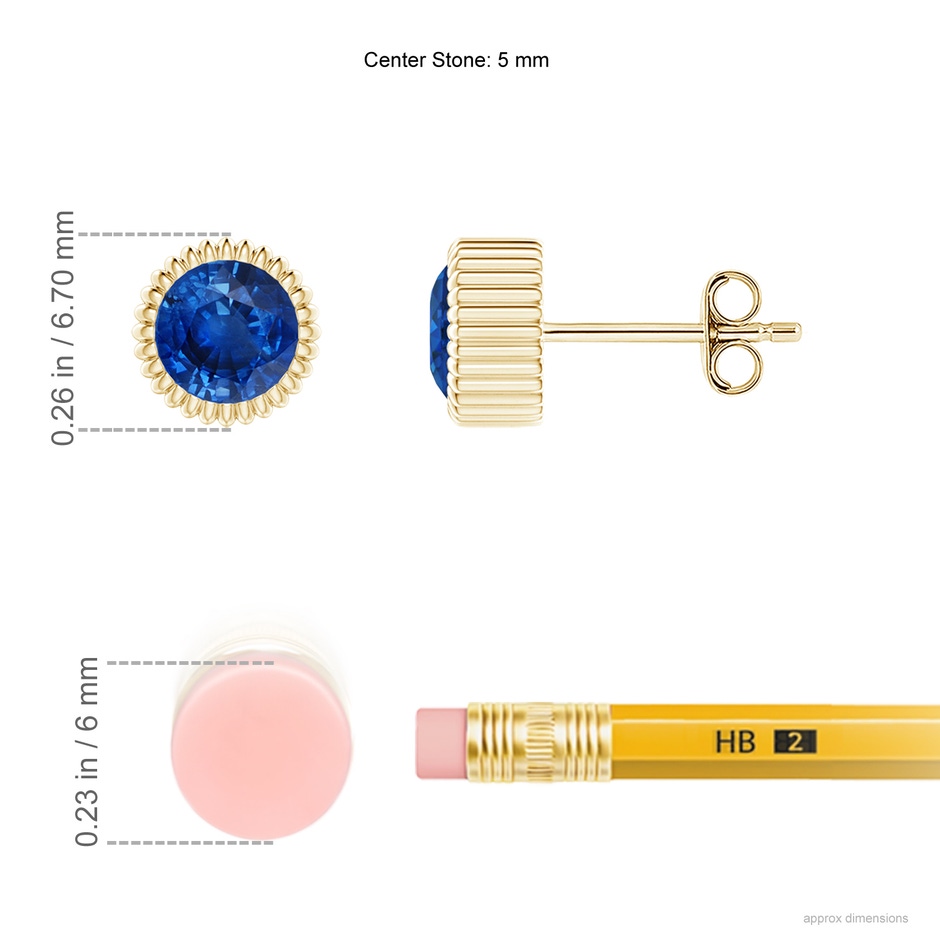 5mm AAA Bezel-Set Solitaire Round Sapphire Beaded Halo Studs in Yellow Gold ruler