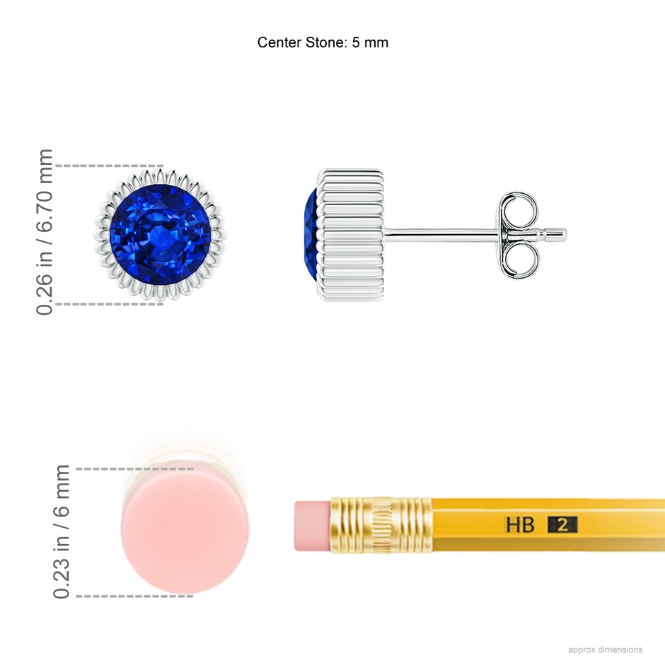 5mm AAAA Bezel-Set Solitaire Round Sapphire Beaded Halo Studs in White Gold ruler