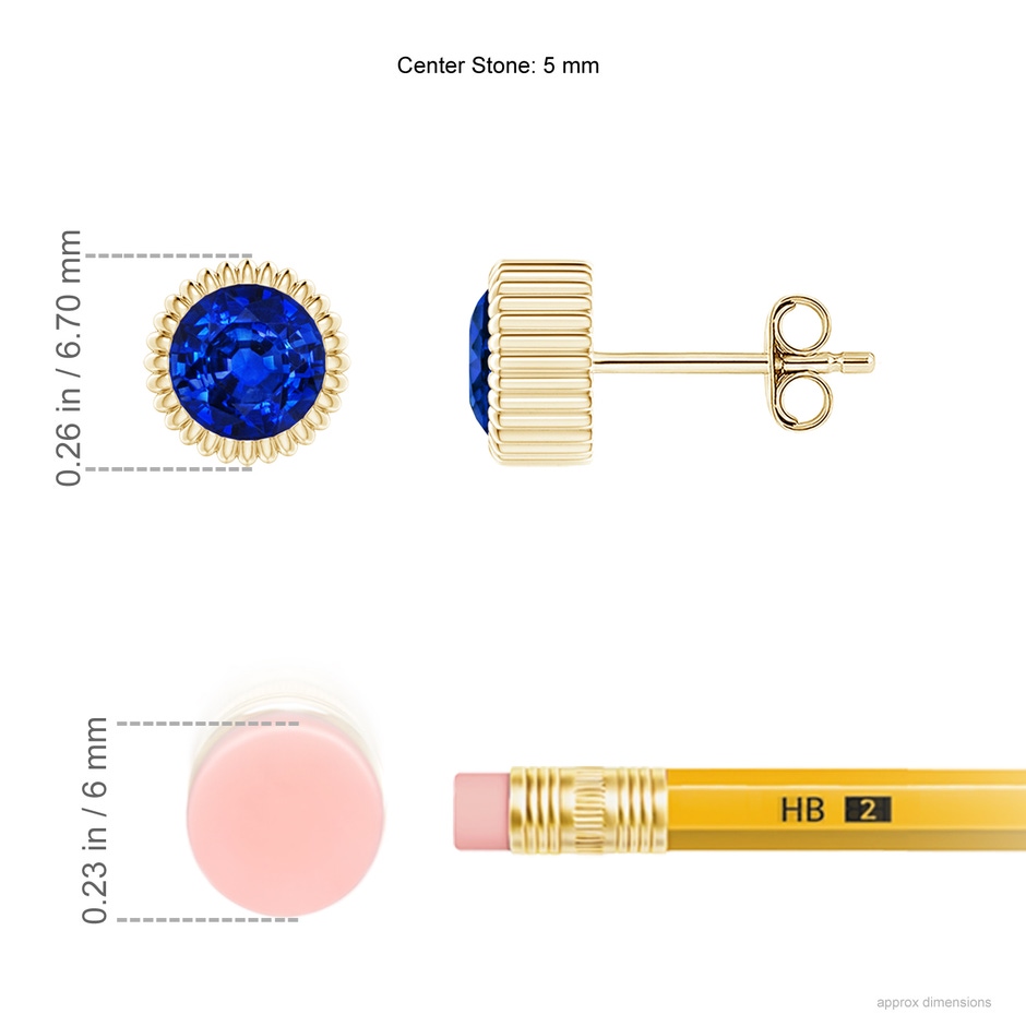 5mm AAAA Bezel-Set Solitaire Round Sapphire Beaded Halo Studs in Yellow Gold ruler