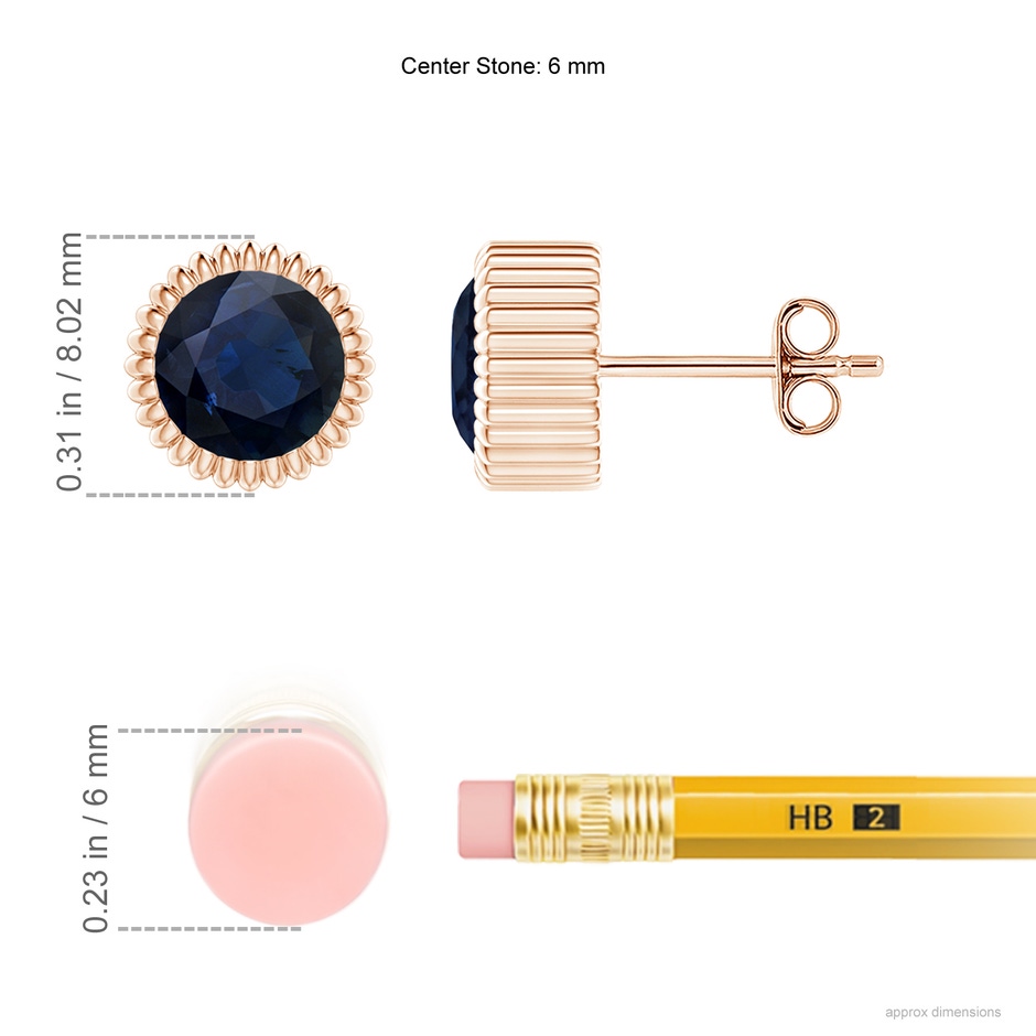 6mm A Bezel-Set Solitaire Round Sapphire Beaded Halo Studs in Rose Gold ruler