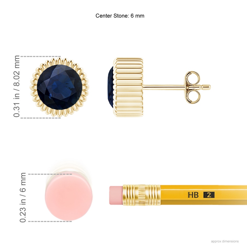 6mm A Bezel-Set Solitaire Round Sapphire Beaded Halo Studs in Yellow Gold ruler