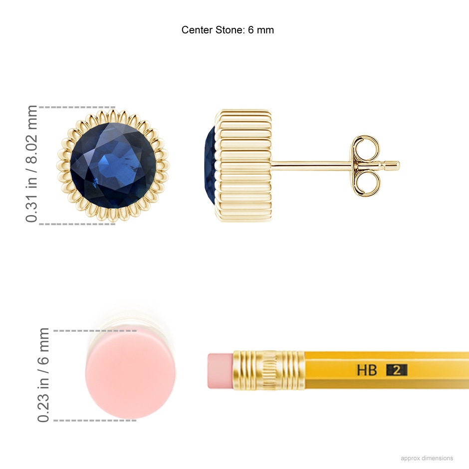 6mm AA Bezel-Set Solitaire Round Sapphire Beaded Halo Studs in Yellow Gold ruler
