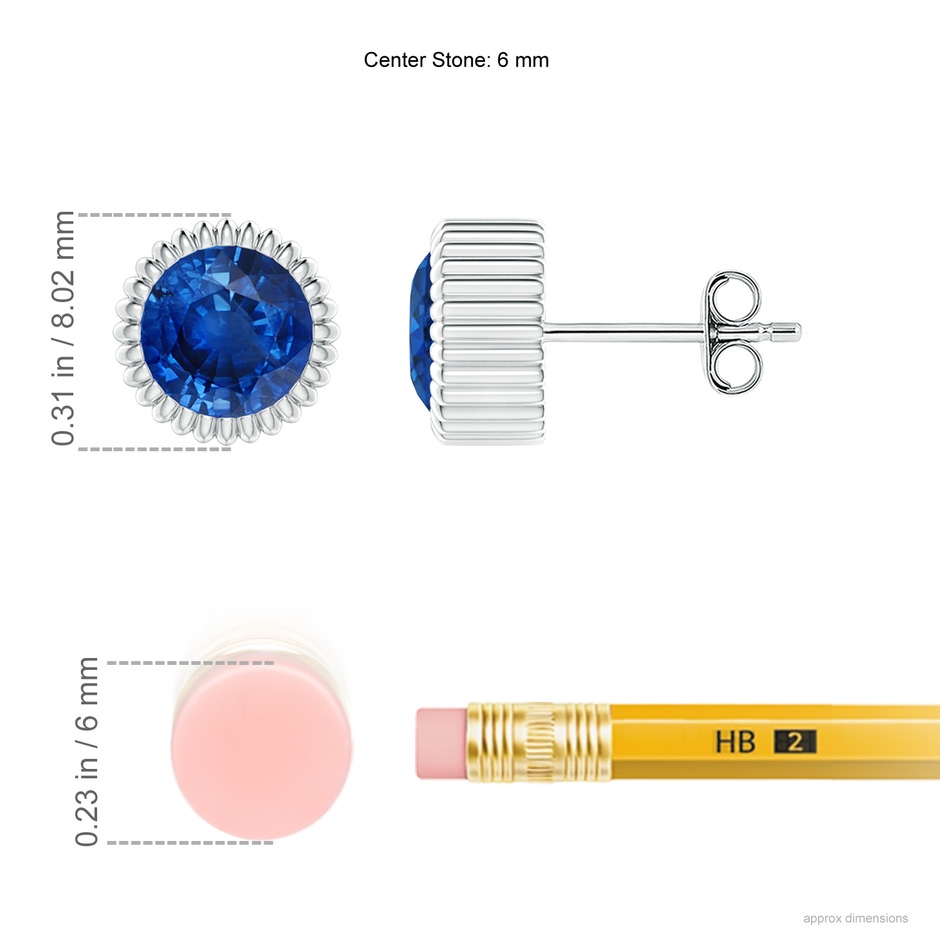 6mm AAA Bezel-Set Solitaire Round Sapphire Beaded Halo Studs in White Gold ruler
