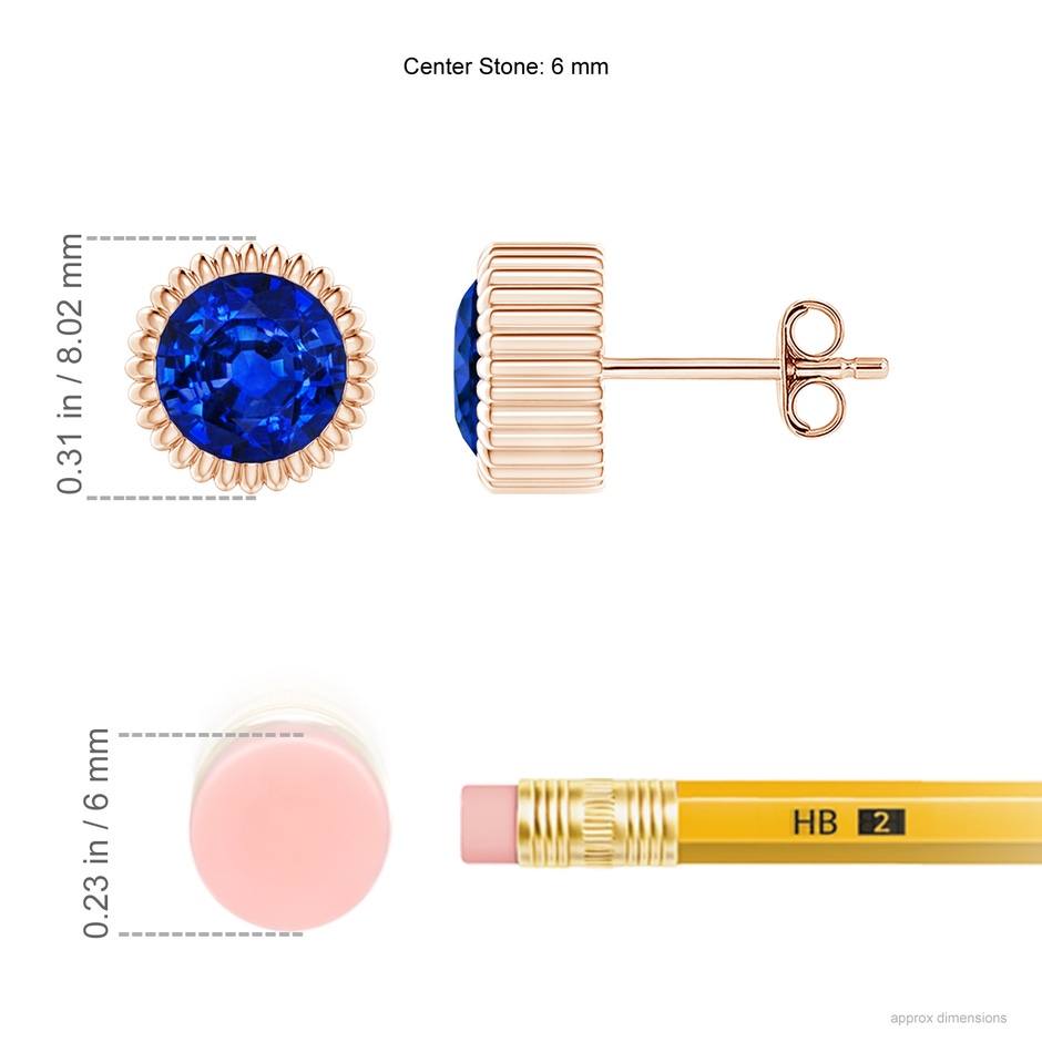 6mm AAAA Bezel-Set Solitaire Round Sapphire Beaded Halo Studs in Rose Gold ruler