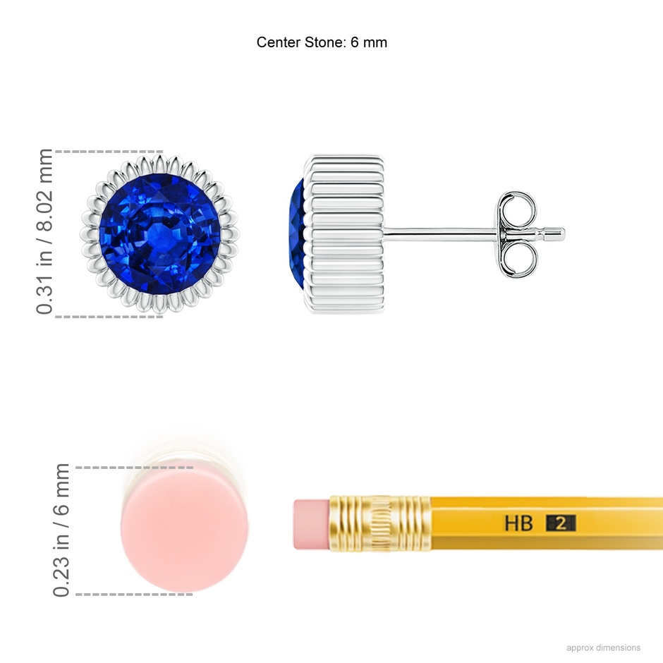 6mm AAAA Bezel-Set Solitaire Round Sapphire Beaded Halo Studs in White Gold ruler