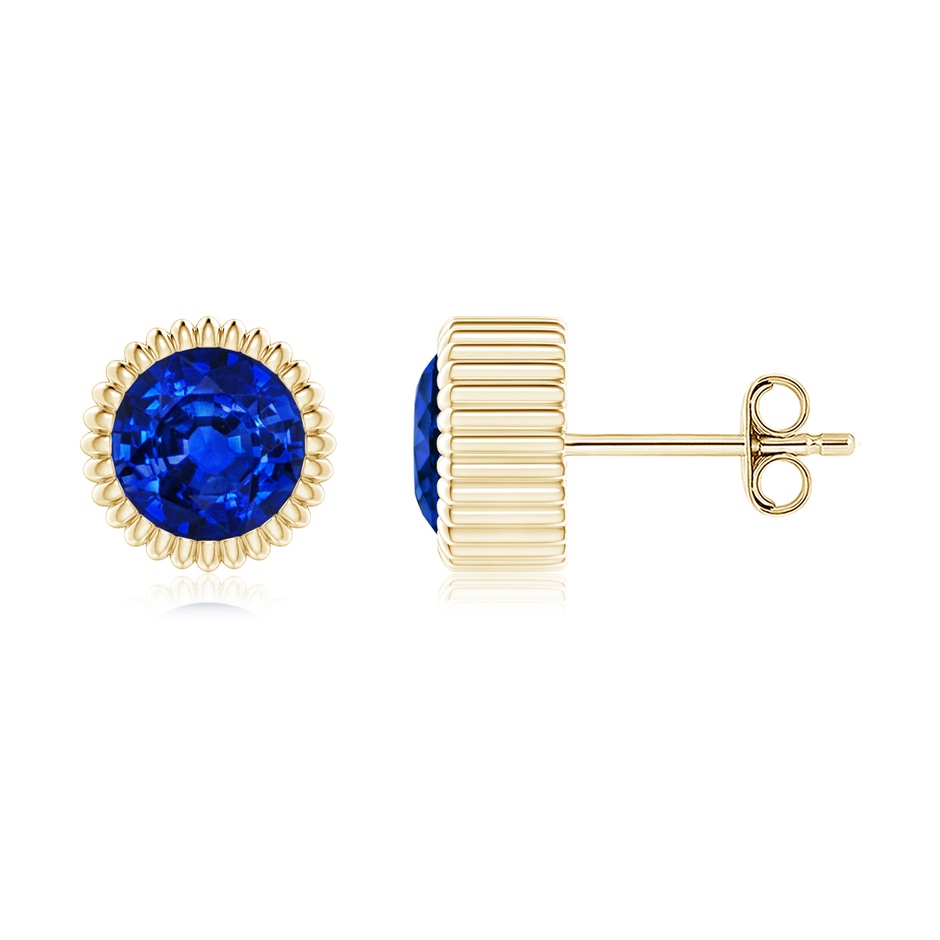 6mm AAAA Bezel-Set Solitaire Round Sapphire Beaded Halo Studs in Yellow Gold 