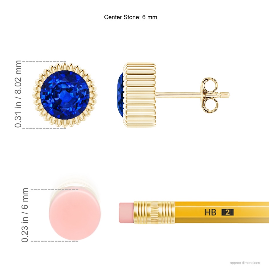 6mm AAAA Bezel-Set Solitaire Round Sapphire Beaded Halo Studs in Yellow Gold ruler