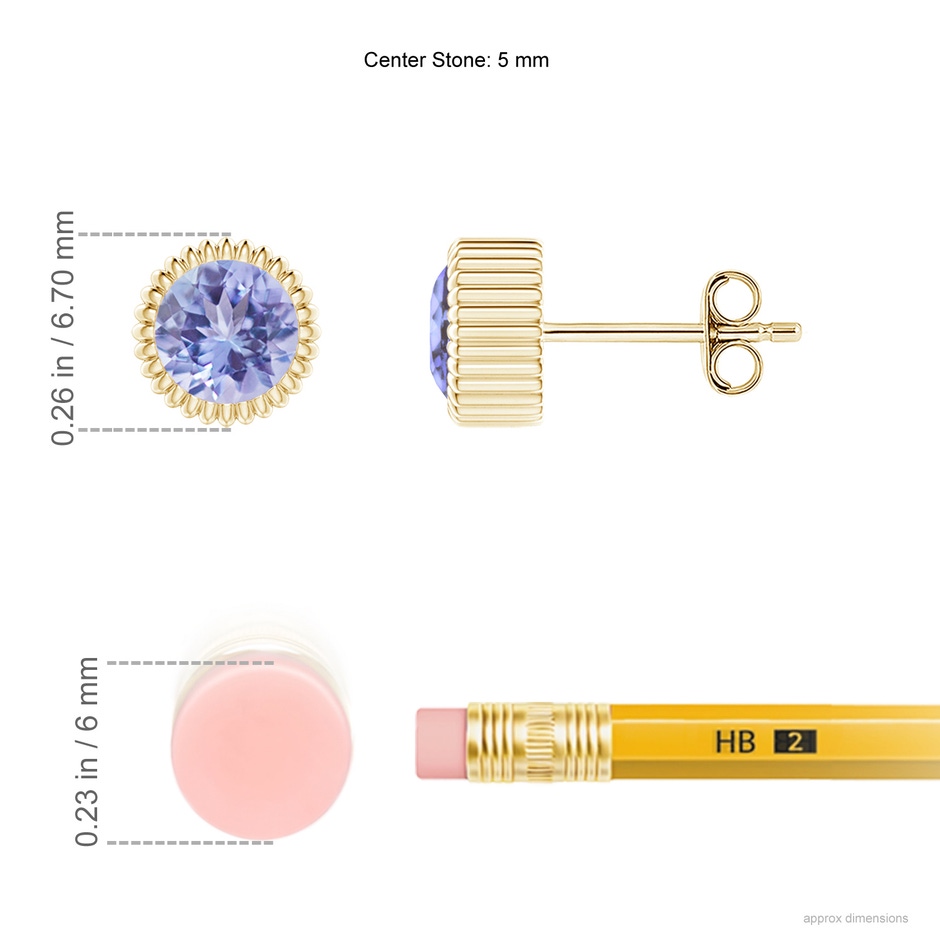 5mm AA Bezel-Set Solitaire Round Tanzanite Beaded Halo Studs in Yellow Gold ruler