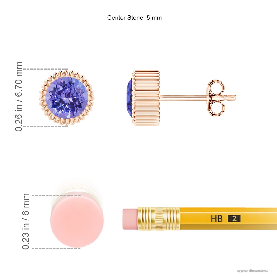 5mm AAA Bezel-Set Solitaire Round Tanzanite Beaded Halo Studs in Rose Gold ruler