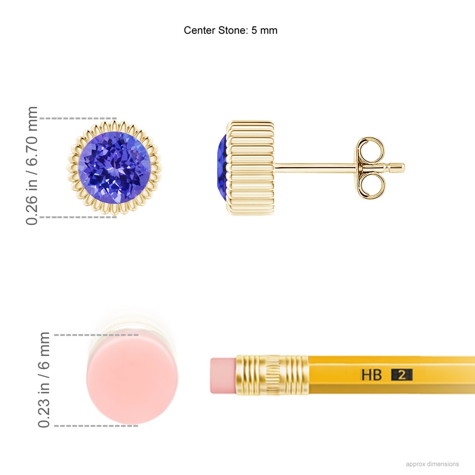 5mm AAAA Bezel-Set Solitaire Round Tanzanite Beaded Halo Studs in Yellow Gold ruler