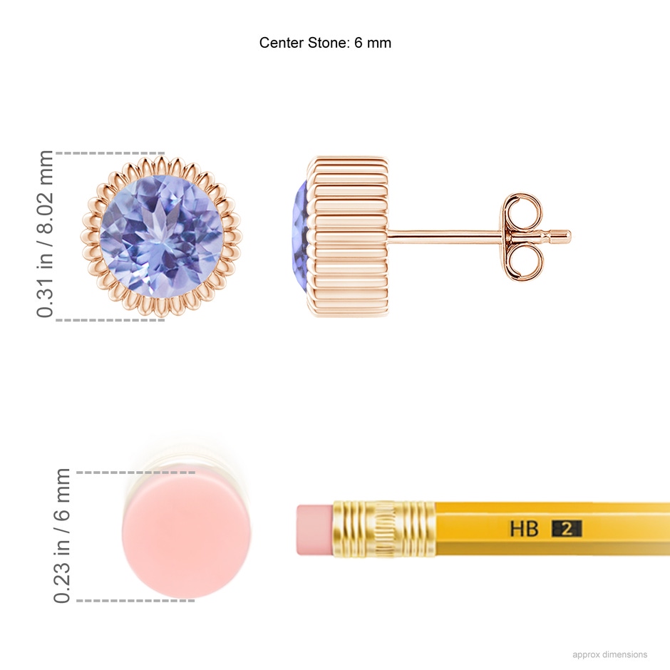 6mm A Bezel-Set Solitaire Round Tanzanite Beaded Halo Studs in Rose Gold ruler