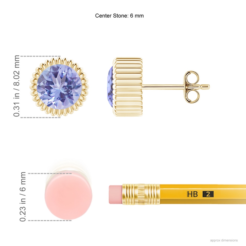 6mm A Bezel-Set Solitaire Round Tanzanite Beaded Halo Studs in Yellow Gold ruler