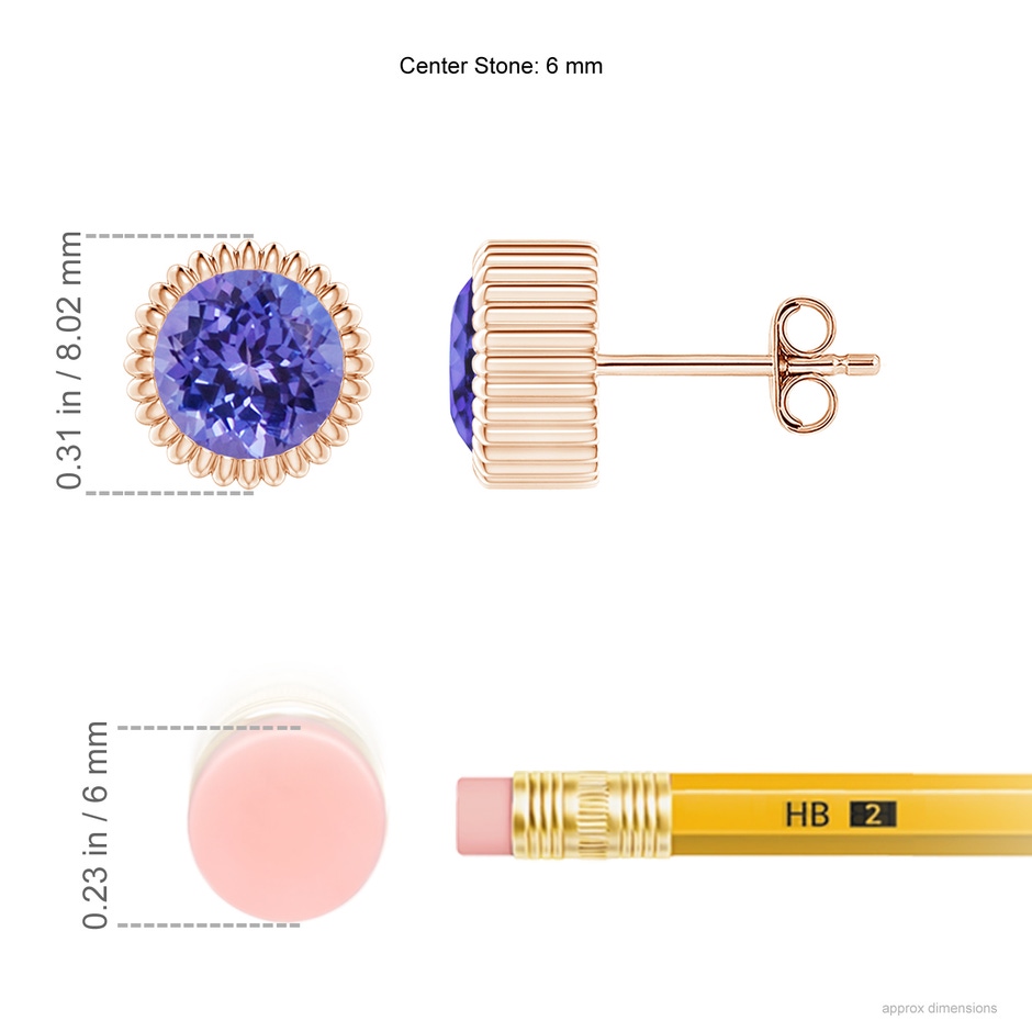 6mm AA Bezel-Set Solitaire Round Tanzanite Beaded Halo Studs in Rose Gold ruler