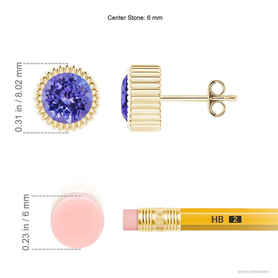 6mm AA Bezel-Set Solitaire Round Tanzanite Beaded Halo Studs in Yellow Gold ruler